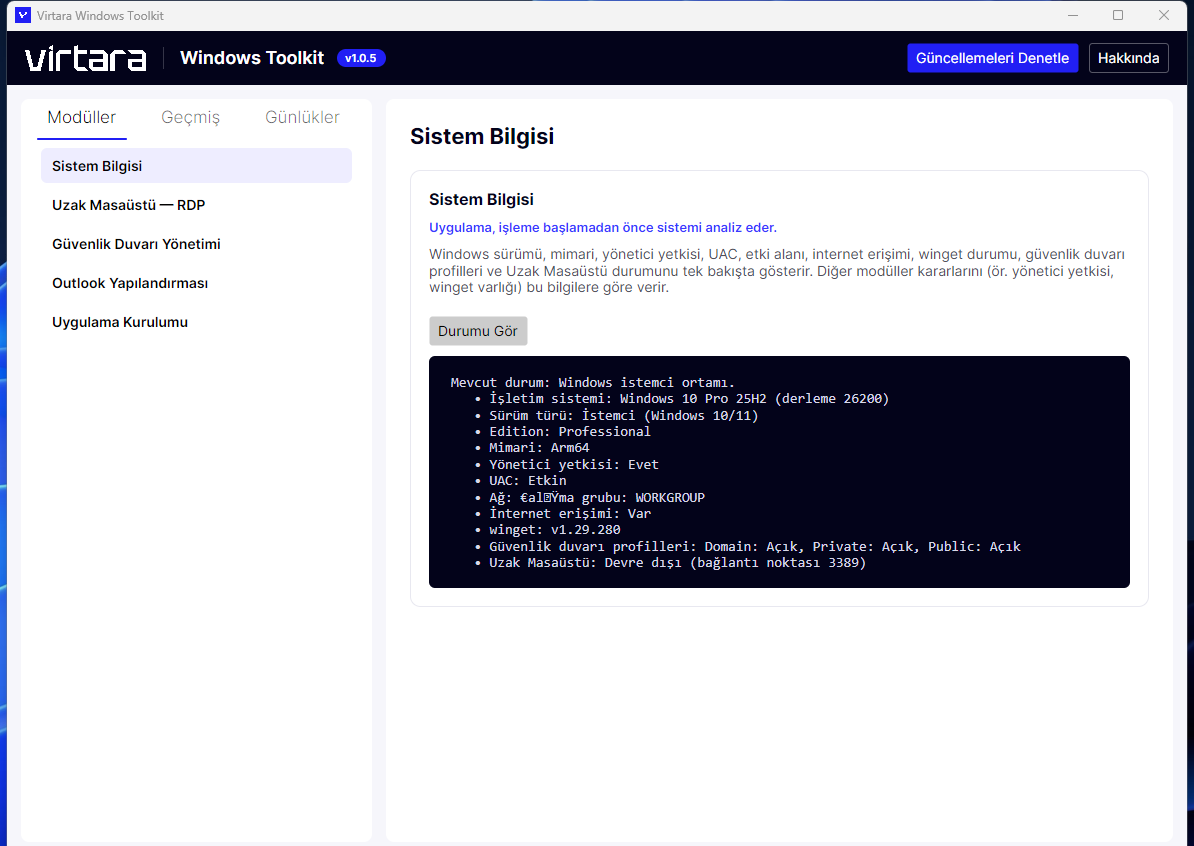 Virtara Windows Toolkit uygulaması — Sistem Bilgisi modülü, ortamı tek bakışta gösteriyor